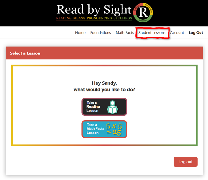 Student Login menu: choosing a math facts lesson