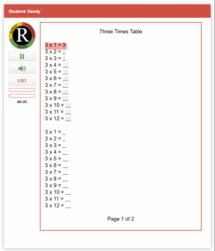 Math facts lesson: three times tables (animated preview)
